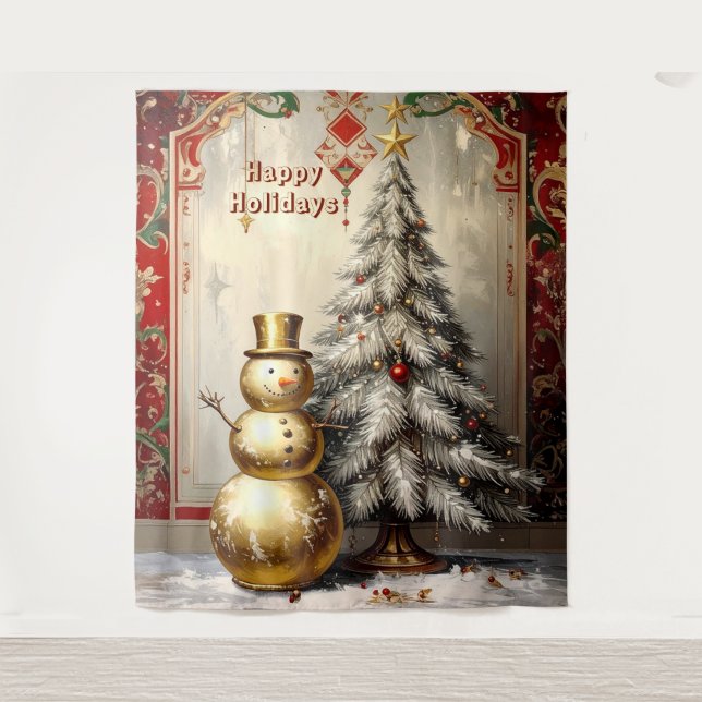 Gold Snowman Christmas Tree Holiday Backdrop Tapestry (Front)