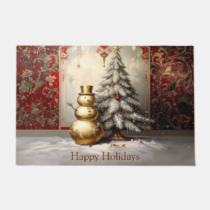 Gold Snowman Christmas Tree Holiday Doormat