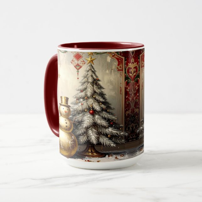 Gold Snowman Christmas Tree Holiday Mug (Devant gauche)