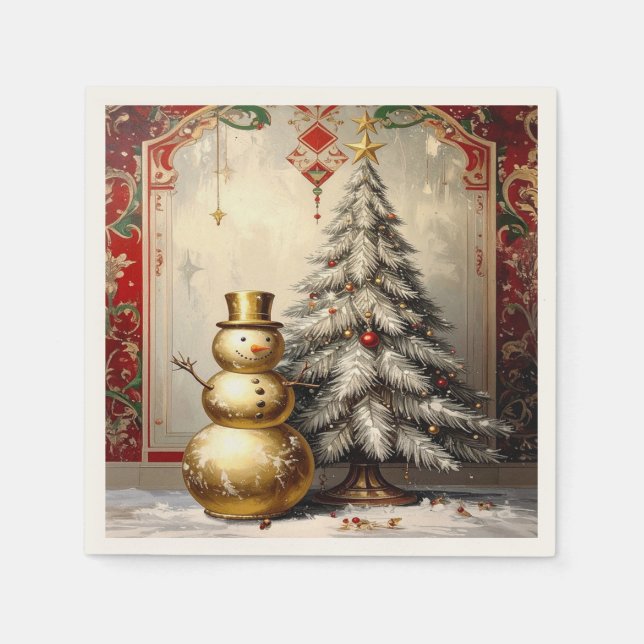 Gold Snowman Christmas Tree Holiday Napkin (Front)