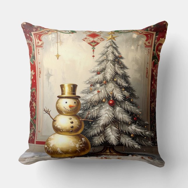 Gold Snowman Christmas Tree Holiday Throw Pillow (Front)