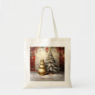 Gold Snowman Christmas Tree Holiday Tote Bag