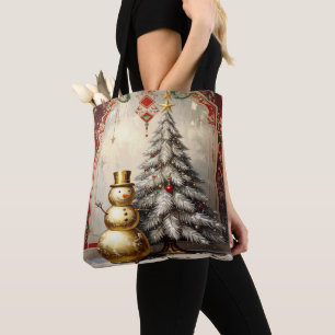 Gold Snowman Christmas Tree Holiday Tote Bag