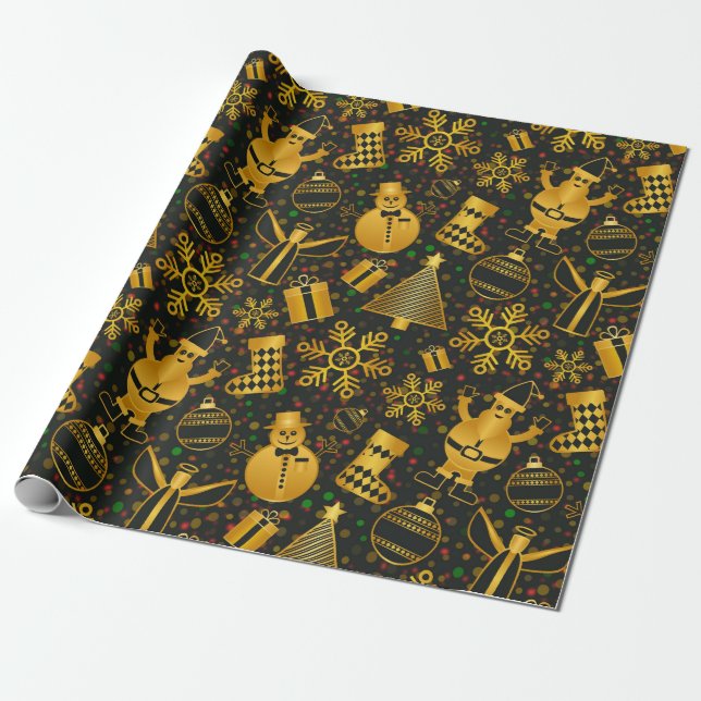 gold snowman christmas wrapping paper (Unrolled)
