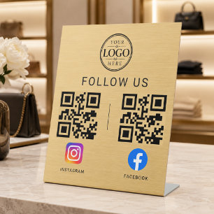 Gold Social Media QR Code Tabletop Display Pedestal Sign