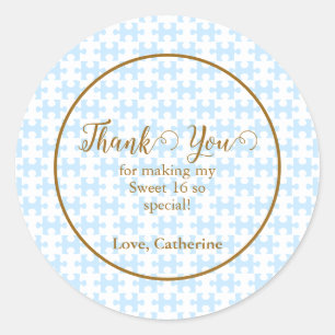 Gold Soft Blue White Puzzle Chequered Sweet 16 Classic Round Sticker