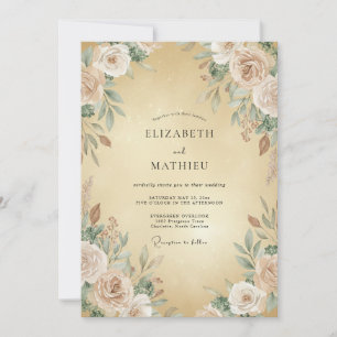 Gold Soft Cream Ranunculus Eucalyptus Wedding Invitation