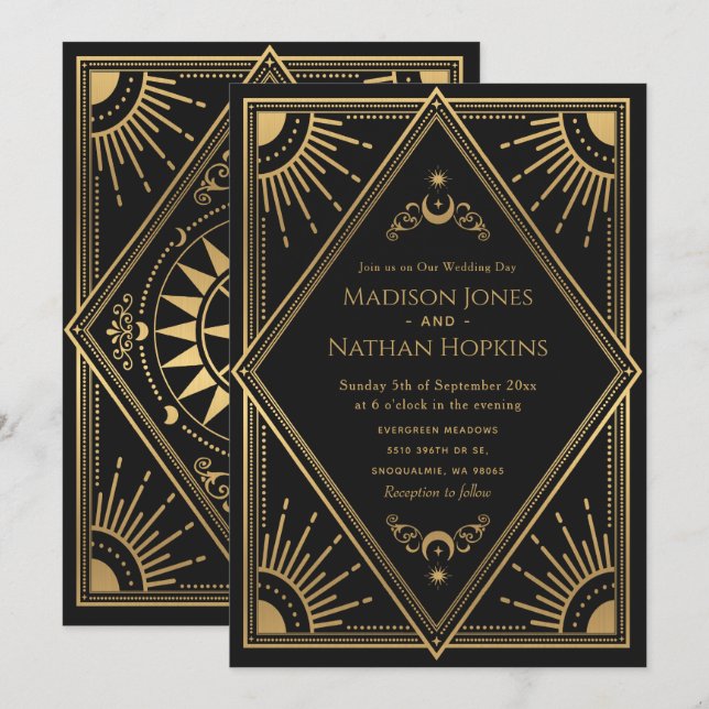Gold Solar Gothique Élégant Mariage de la carte Ta (Devant / Derrière)