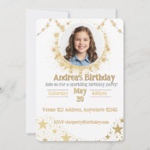 Gold Sparking Star Picture Birthday Invitation