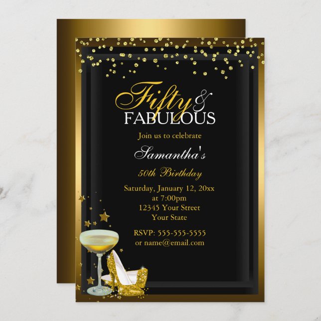 Gold Sparkle 50 Fabulous Birthday Invitation (Front/Back)