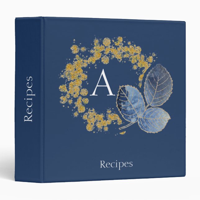 Gold Sparkle and Blue Leaf Monogram Add Your Name Binder (Front/Spine)