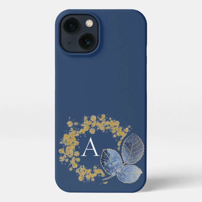 Gold Sparkle and Blue Leaf Monogram Add Your Name iPhone Case (Back)