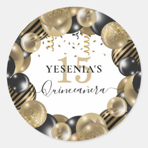 Gold Sparkle Black Quinceanera Balloon Classic Round Sticker