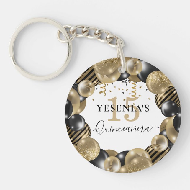 Gold Sparkle Black Quinceanera Balloon Keychain (Front)