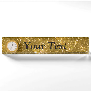 Gold Sparkle Desk Nameplate with Clock