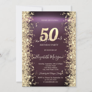 Gold Sparkle Diamonds Burgundy 50th Birthday   Invitation