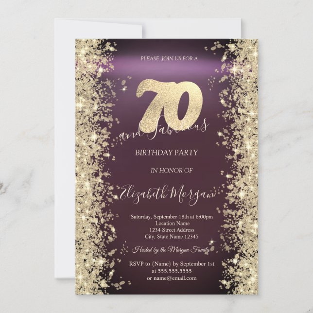 Gold Sparkle Diamonds Burgundy 70th Birthday   Invitation (Front)