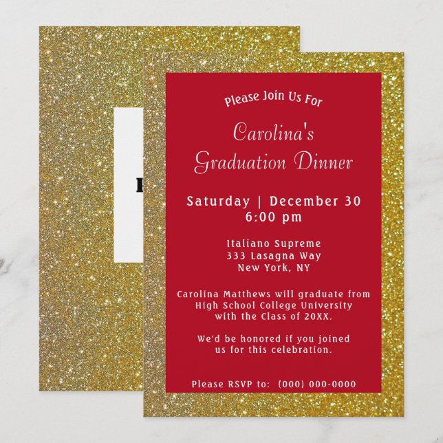 Gold Sparkle Dinner Red Graduation Invitation (Front/Back)