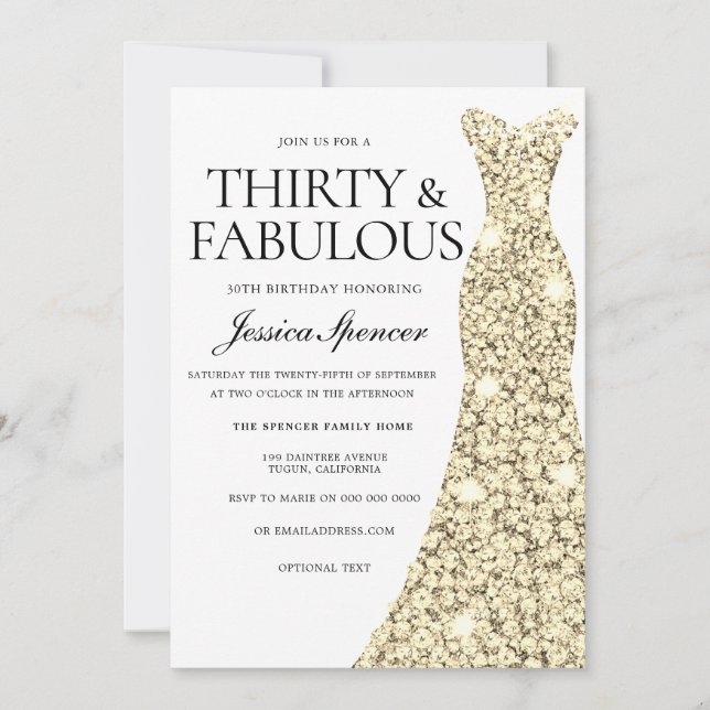 Gold Sparkle Dress 30 & Fabulous 30th Birthday Invitation (Front)