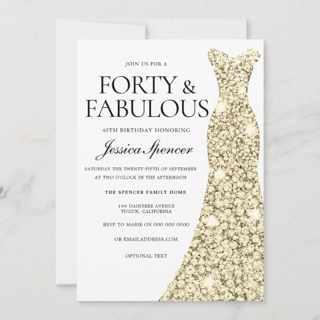 Gold Sparkle Dress 40 & Fabulous 40th Birthday Invitation (Front)