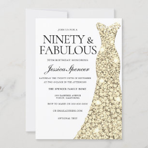 Gold Sparkle Dress 90 & Fabulous 90th Birthday Invitation