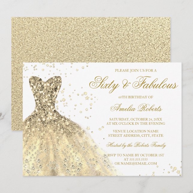 Gold Sparkle Dress Fabulous 60th Birthday Party Invitation (Front/Back)