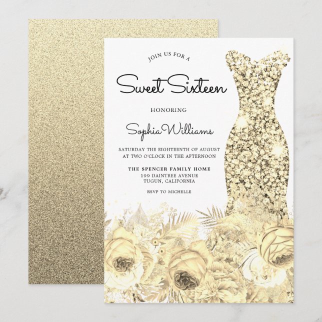 Gold Sparkle Dress & Flowers Sweet 16 Party Invitation (Front/Back)