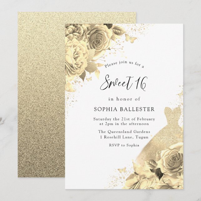 Gold Sparkle Dress & Flowers Sweet 16 Party Invitation (Front/Back)