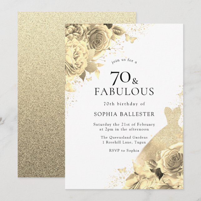 Gold Sparkle Dress & Flowers Womans 70th Birthday Invitation (Front/Back)