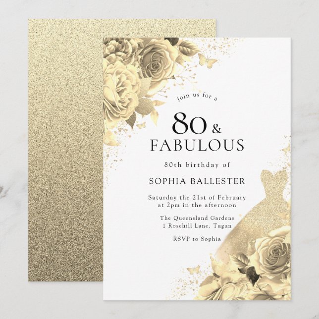 Gold Sparkle Dress & Flowers Womans 80th Birthday Invitation (Front/Back)