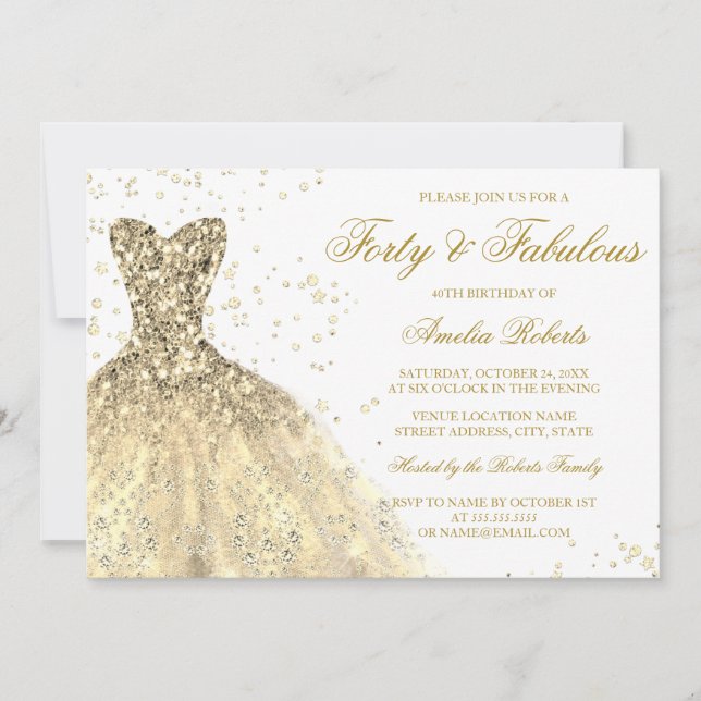Gold Sparkle Dress Womans 40th Birthday Party Invitation (Front)