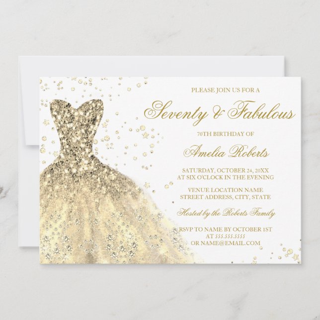 Gold Sparkle Dress Womans 70th Birthday Party Invitation (Front)