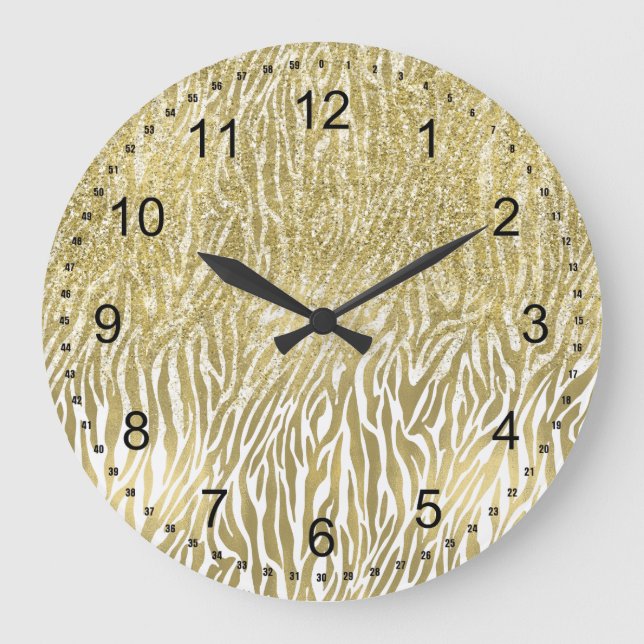 Gold Sparkle Faux Glitter Zebra Print Large Clock (Front)