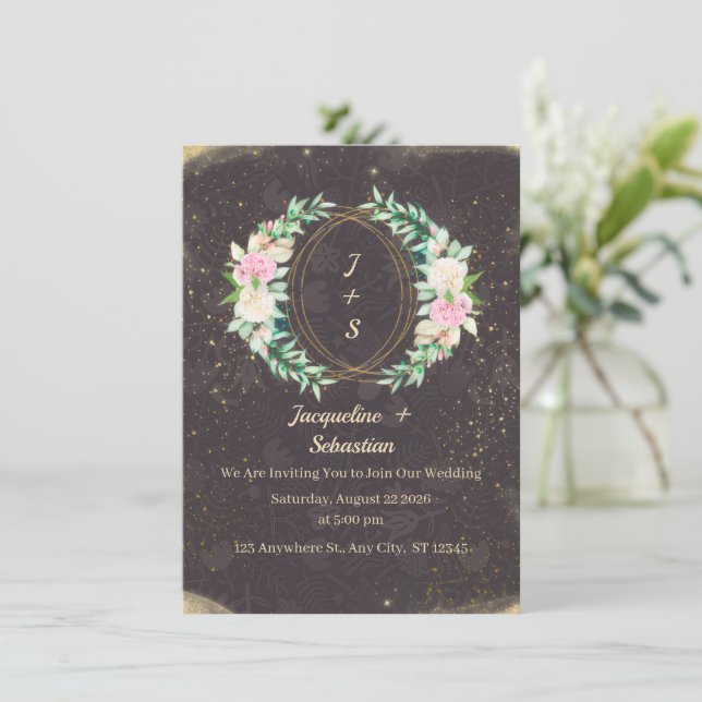 Gold Sparkle Floral Wreath Wedding Invitation (Standing Front)