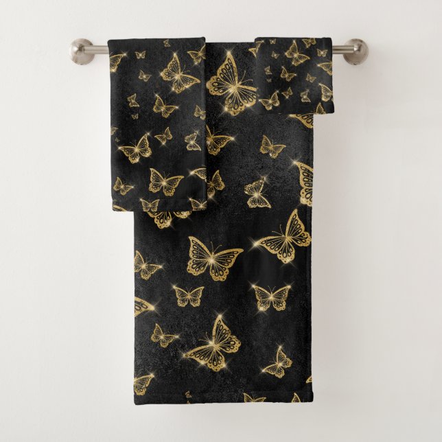 Gold Sparkle Glam Butterflies Bath Towel Set (Insitu)