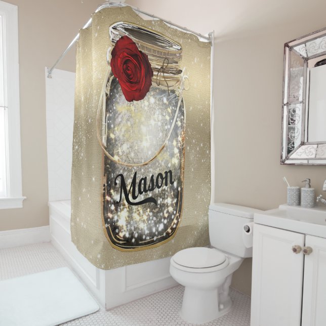 Gold Sparkle Glam Red Rose Mason Jar (In Situ)