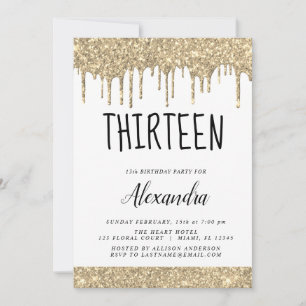 Gold Sparkle Glitter 13th Thirteen Birthday Invitation