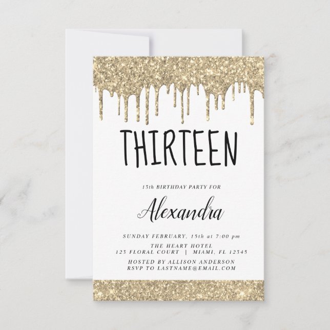 Gold Sparkle Glitter 13th Thirteen Birthday Invitation (Front)