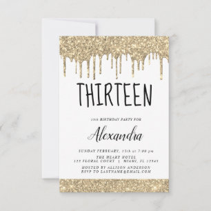 Gold Sparkle Glitter 13th Thirteen Birthday Invitation