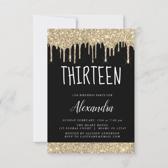 Gold Sparkle Glitter 13th Thirteen Birthday Invitation (Front)