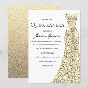 Gold Sparkle Glitter Dress Quinceanera Invite