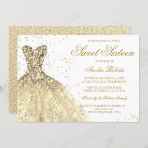 Gold Sparkle Glitter Dress Sweet 16 Birthday Invitation