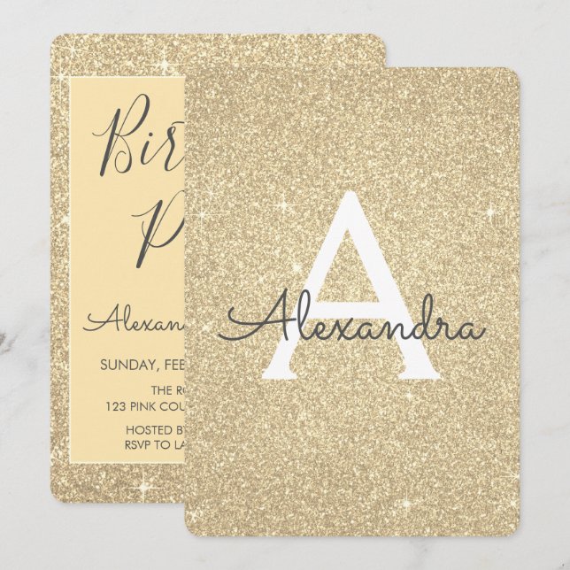Gold Sparkle Glitter Girly Birthday Party Invitation (Front/Back)