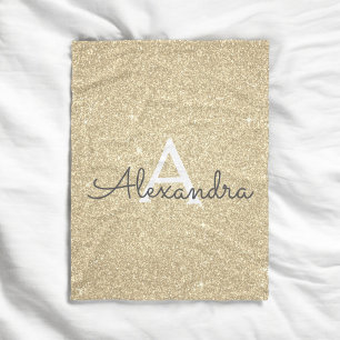 Gold Sparkle Glitter Monogram Name & Initial Fleece Blanket