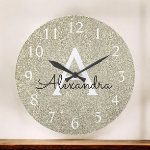 Gold Sparkle Glitter Monogram Name & Initial Large Clock