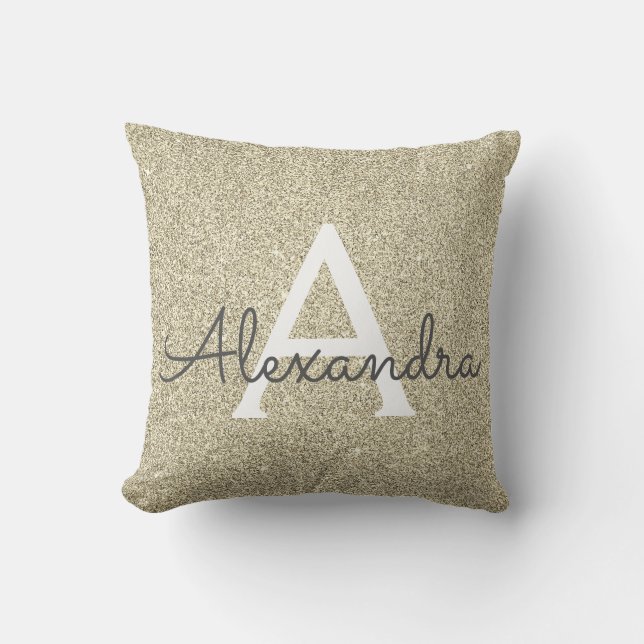 Gold Sparkle Glitter Monogram Name & Initial Throw Pillow (Front)