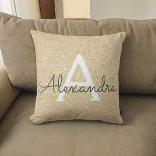 Gold Sparkle Glitter Monogram Name & Initial Throw Pillow