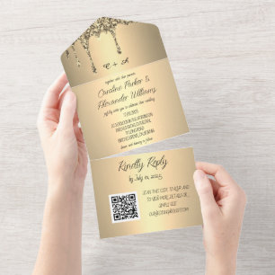 Gold Sparkle Glitter Script RSVP Modern QR Code All In One Invitation