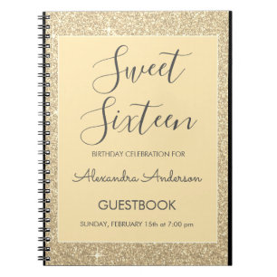 Gold Sparkle Glitter Sweet 16 Guestbook Notebook