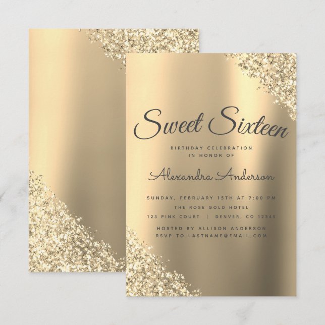 Gold Sparkle Glitter Sweet Sixteen Birthday Invitation (Front/Back)